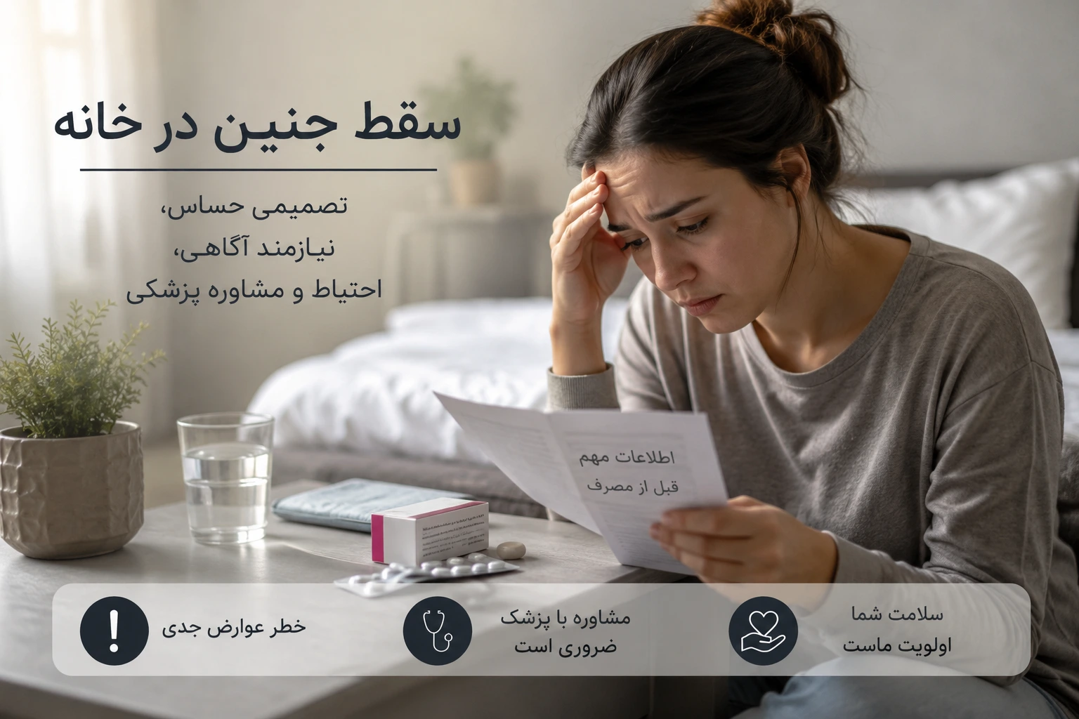 زنی در حال خواندن بروشور قرص سقط سایتوتک برای سقط جنین در خانه