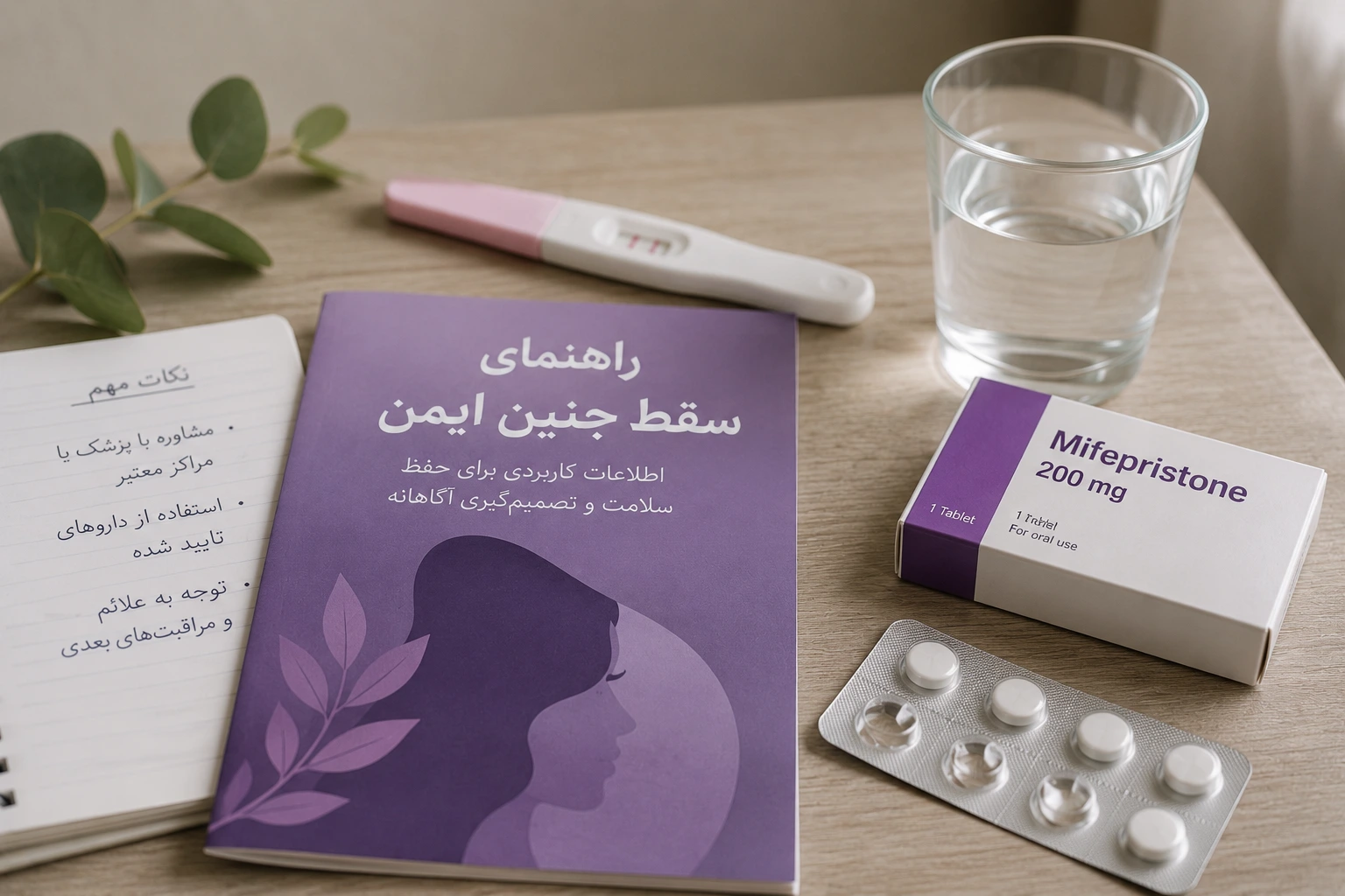 کتابچه راهنمای سقط جنین ایمن در کنار لیوان آب و قرص سایتوتک