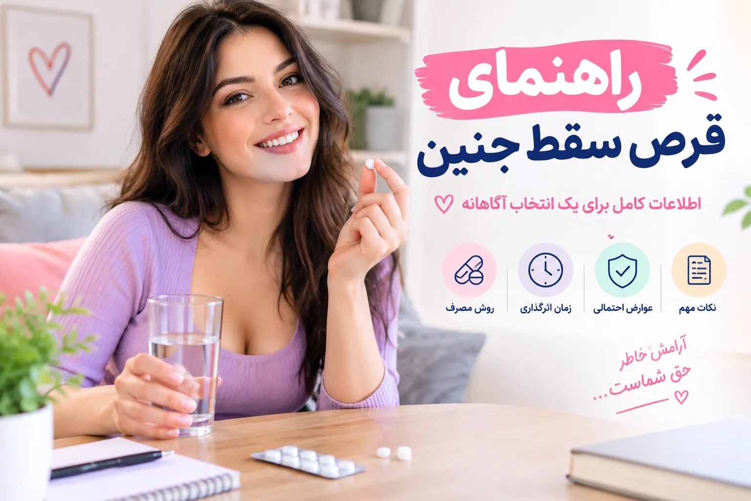 نمودار راهنمای قرص سقط جنین که زنی قرص سقط جنین در دست دارد