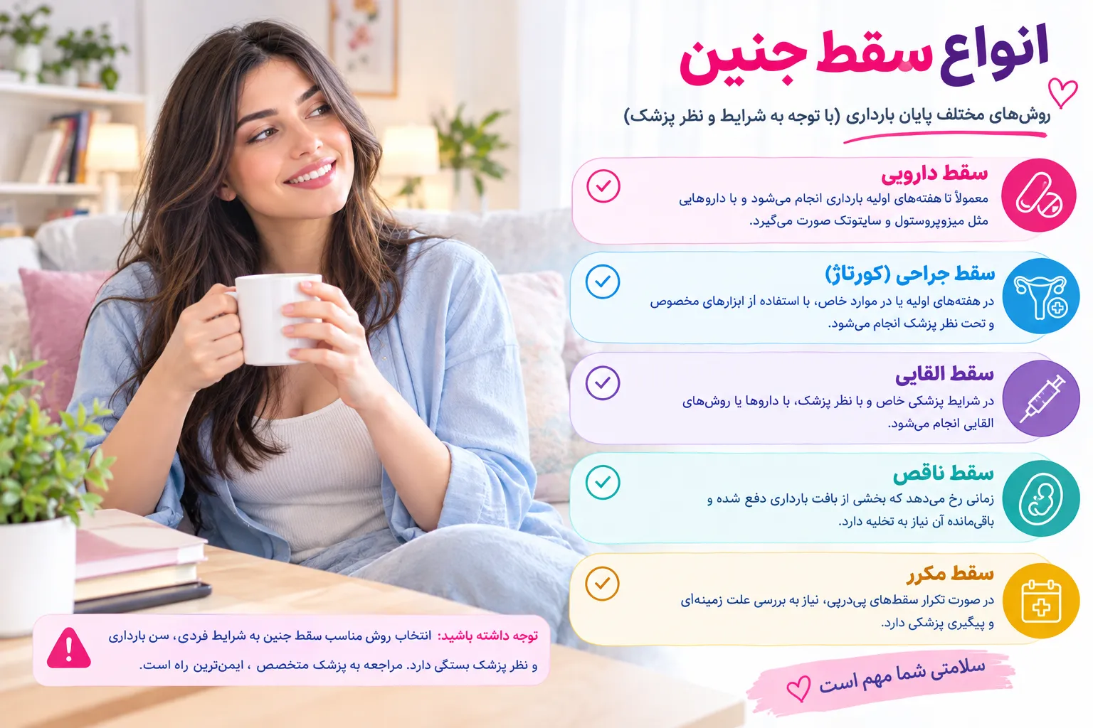 اینفوگرافی بررسی تخصصی انواع سقط جنین خودبه‌خودی و القایی، علائم هشداردهنده، علت‌ها و روش‌های تشخیص بر اساس معتبرترین استانداردهای پزشکی بین‌المللی